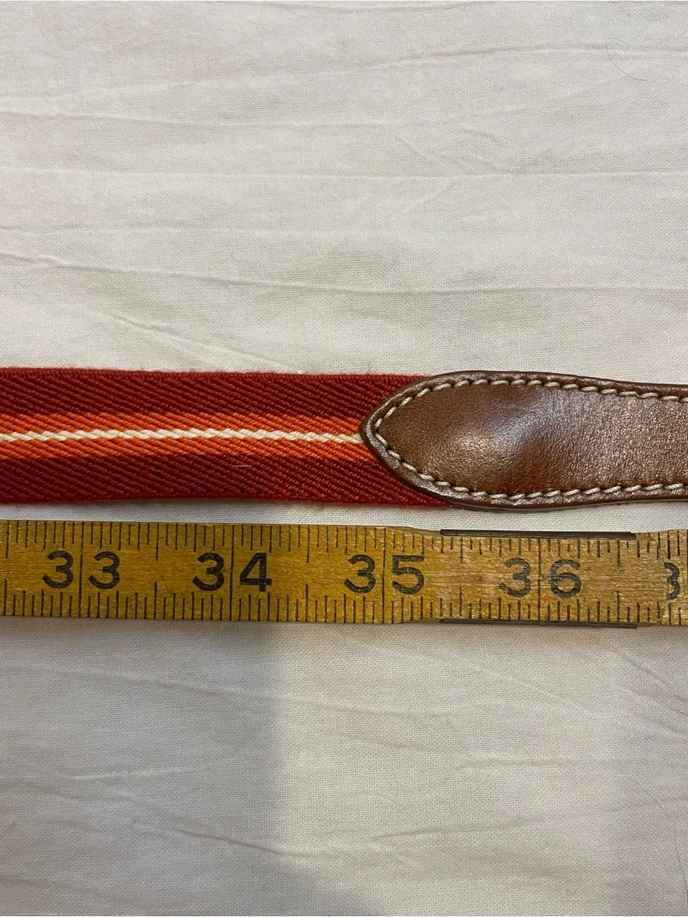 Orvis USA Woven Stretch Belt XL Red Leather Trim Brass Buckle Preppy Heritage